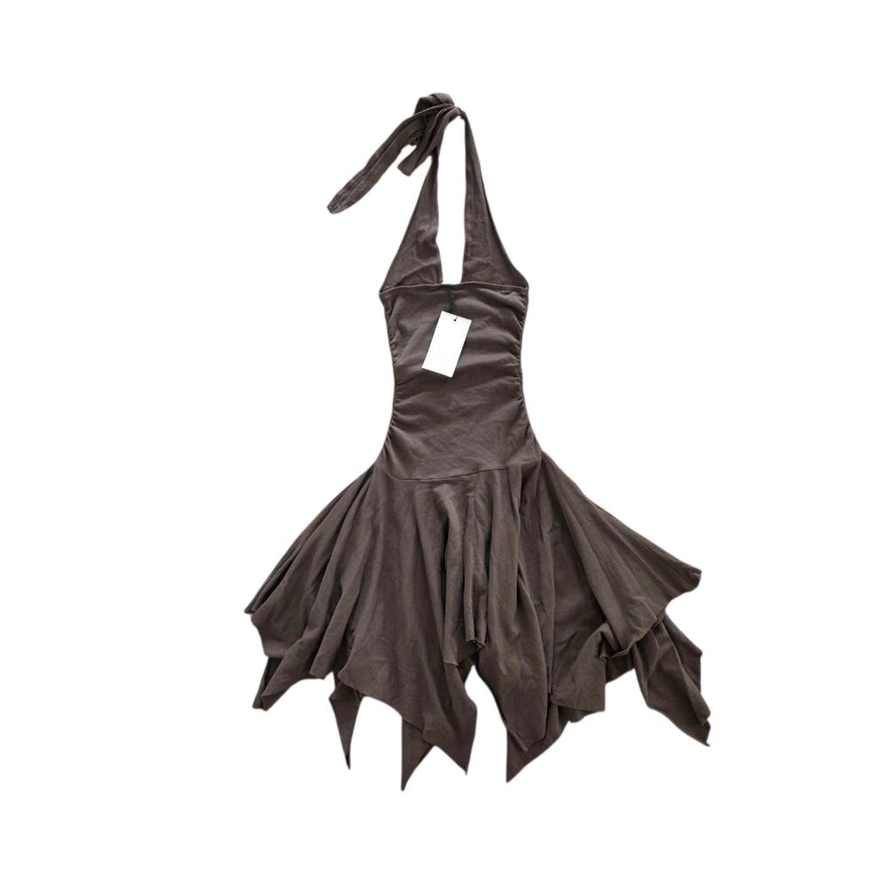 Zara Brown Asymmetric Handkerchief Hem Mini Halter Dress Size Small - Picture 3 of 6